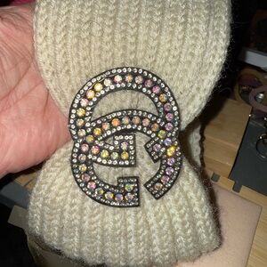 Cream Knit Headband with Rhinestone Emblem
